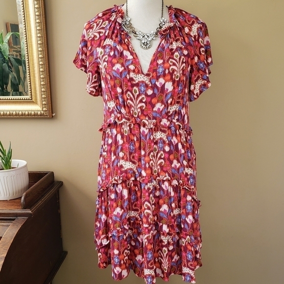 Anthropologie Robin Tiered Mini Dress Pink Ikat Flutter Sleeve Ruffle Size XS - Picture 3 of 14